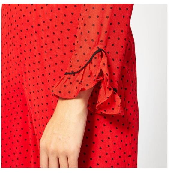 GANNI Mullin Georgette Red Polka Dot Long Sleeve Ruffle Hem Mini Dress Sz 2 - Picture 3 of 16